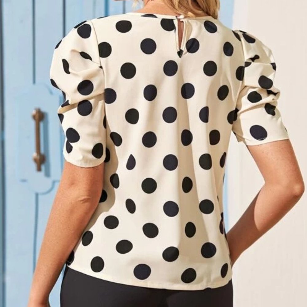 Beige Polka Dot Blouse in M, L - Picture 2 of 3